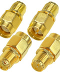 4 Pack SMA To RP SMA Coax Connector Adapter Kit Low Loss Gold Plated Brass Cables For Radio Antenna Audio Video Ham Radio Setup And Diy Projects Ideal For Antenna Masts CB Radios And Various Applications, showing close-up of four gold-plated adapters