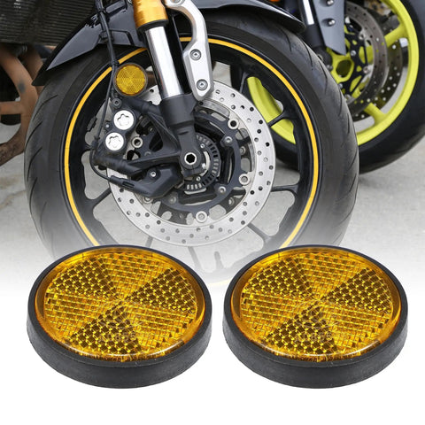 Orange Plastic Reflective Mounts For Motorcycle And Bike 2 Pack Universal Screw On Reflectors M6x1.0 in front of motorcycle wheel