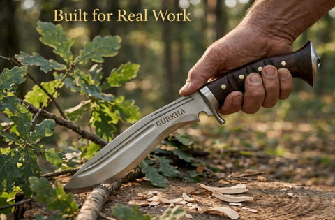 Iraqi Style Kukri Knife With An 8 Inch Blade, Hand Forged In Nepal, 5160 Carbon Steel, Full Tang Fixed Blade With Guard in use outdoors
