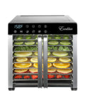 No Nonsense 8 Tray Food Dehydrator For Crankin Out Homestyle Beef Jerky Crispy Veggies And Sweet Fruit With Smart Temp Knob And 80 Hour Digital Clock Plus Hyperwave Air System with displayed sliced fruits and veggies.