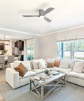 Dope 52 Inch Flush Mount Ceiling Fan With Light And Remote Control Solid Wood Gray 3 Blade Modern Farmhouse Fan in living room