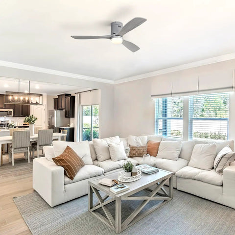 Dope 52 Inch Flush Mount Ceiling Fan With Light And Remote Control Solid Wood Gray 3 Blade Modern Farmhouse Fan in living room
