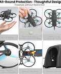 Beginner Friendly FPV Drone With Optical Flow Position Hold displays protective features and compact design in product collage.