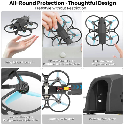 Beginner Friendly FPV Drone With Optical Flow Position Hold displays protective features and compact design in product collage.