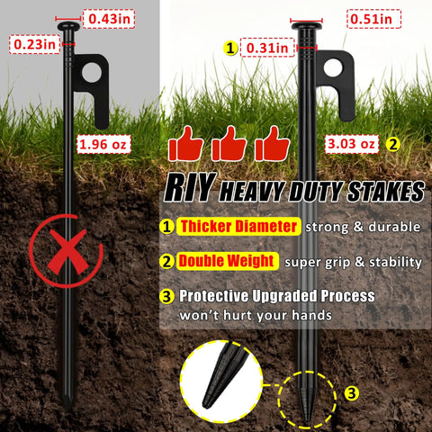 Comparison of tent stakes highlighting thicker diameter and weight of Beefy 8 Pack Tent Stakes Heavy Duty Metal Pegs for Camping