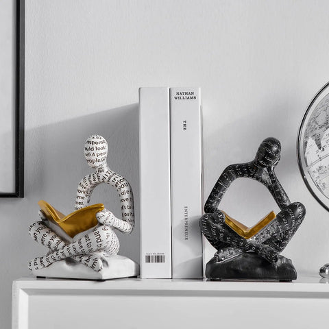 Heavy Duty Decorative Book Ends For Shelves With Thinker Statue Design featuring two resin figurines holding books in black and white.