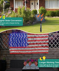 Solar American Flag Net Lights Outdoor 420 LEDs 6.5ft By 3.28ft Epic Bright Flag Mesh Solar Powered Auto On At Dusk No Wiring Maintenance Memorial Day Fourth Of July Yard Decor, displayed on a wooden fence with solar panel charging.