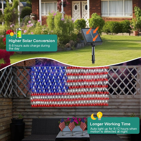 Solar American Flag Net Lights Outdoor 420 LEDs 6.5ft By 3.28ft Epic Bright Flag Mesh Solar Powered Auto On At Dusk No Wiring Maintenance Memorial Day Fourth Of July Yard Decor, displayed on a wooden fence with solar panel charging.