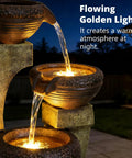 40 Inch Tall Outdoor Water Fountain With 4 Tier Crocks And LED Lights, lit at night with flowing water, weatherproof design