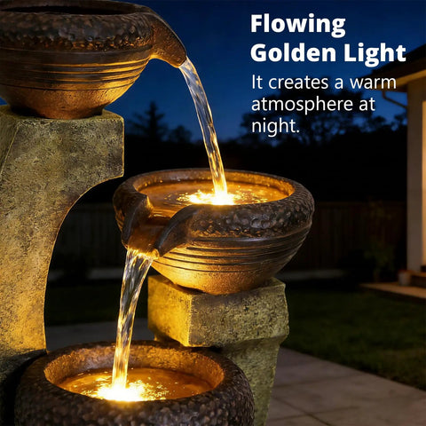 40 Inch Tall Outdoor Water Fountain With 4 Tier Crocks And LED Lights, lit at night with flowing water, weatherproof design