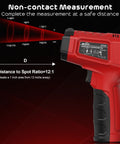 Non Contact Infrared Temperature Gun With Adjustable Emissivity And Color Backlight, red gun showing 12:1 distance-to-spot ratio