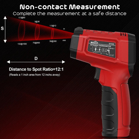 Non Contact Infrared Temperature Gun With Adjustable Emissivity And Color Backlight, red gun showing 12:1 distance-to-spot ratio