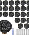 24 Piece Black Ceramic Cabinet Knobs Vintage Round Pulls for kitchen, including screws and screwdriver, in black ceramic finish.