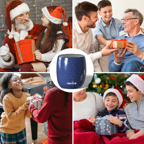 Tiny But Mighty Bluetooth Speaker With 360 Degree HD Stereo Sound And Punchy Bass featured in festive gift scenes.