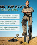 Person using 39 Inch Lightweight Metal Detecting Shovel With V Shaped Serrated Blade for treasure hunting on hard soil.