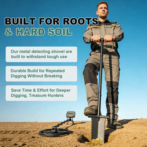 Person using 39 Inch Lightweight Metal Detecting Shovel With V Shaped Serrated Blade for treasure hunting on hard soil.