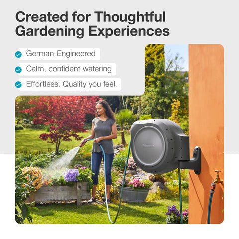 Auto Retracting Garden Hose Reel With 100 Feet Of Flexible Hose, 180 Degree Swivel Wall Mount in use for yard watering