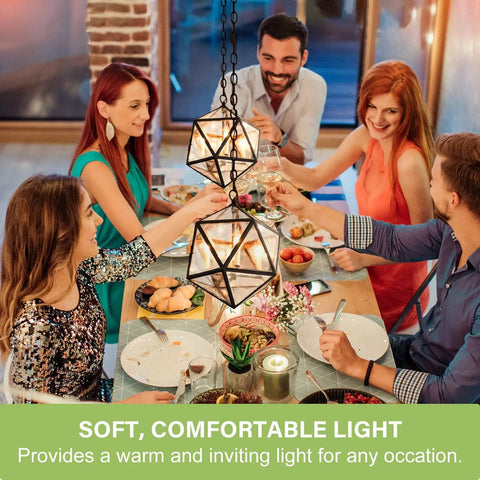 Group dining under chandelier using Dimmable Candelabra LED Light Bulbs 40W Equivalent E12 CA10 Flame Tip 2700K Warm White 300LM