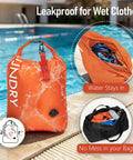 Dual Pack Compression Laundry Bag For Travel, Pump-Free Wet-Dry Organizer, waterproof orange bag by pool