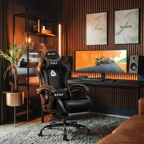 Boss Level Gaming Chair With Footrest For Home Office And PC Setup, High Back Ergonomic Seat With Lumbar Support, PU Leather