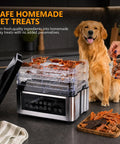 Pro Food Dehydrator With Slick One Touch Presets And Five Stackable Trays For Hassle Free Jerky Fruit Herbs And Dog Treats Straight Up Digital Timer Controls inside a modern kitchen, with jerky treats displayed.
