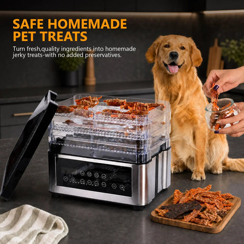 Pro Food Dehydrator With Slick One Touch Presets And Five Stackable Trays For Hassle Free Jerky Fruit Herbs And Dog Treats Straight Up Digital Timer Controls inside a modern kitchen, with jerky treats displayed.