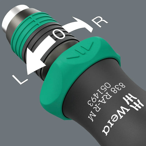 Close-up of Bitholding Ratcheting Screwdriver With Rapidaptor Quick Release Chuck showing rotation direction on handle.