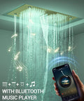 Premium Dual Head Rainfall Shower System With Twenty Six Custom Spray Settings Sweet Brushed Gold Finish with Bluetooth music player.
