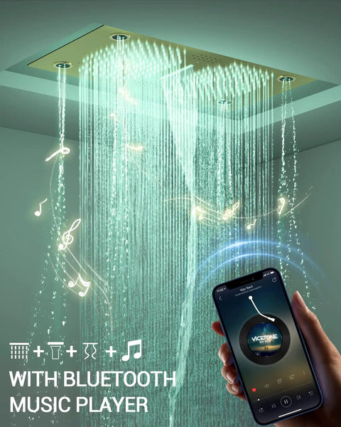 Premium Dual Head Rainfall Shower System With Twenty Six Custom Spray Settings Sweet Brushed Gold Finish with Bluetooth music player.