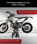 Heavy Duty Scissor Lift Stand For Motorcycles With Adjustable Height From 13.75 To 34 Inches Casters Rubber Top Pad Supports Up To 300 Lb For Dirt Bike ATV UTV Maintenance Storage And Easy Cleaning holding a motorcycle in a garage.