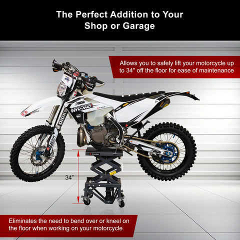 Heavy Duty Scissor Lift Stand For Motorcycles With Adjustable Height From 13.75 To 34 Inches Casters Rubber Top Pad Supports Up To 300 Lb For Dirt Bike ATV UTV Maintenance Storage And Easy Cleaning holding a motorcycle in a garage.