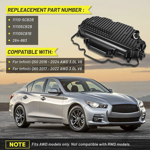 Upgraded Aluminum Engine Oil Pan Sump Kit For Infiniti Q50 And Q60 With Magnetic Drain Plug Gasket Fits 3.0L V6 Twin Turbo AWD Models Replaces Old Part Number Smooth Flow, black oil pan with gasket
