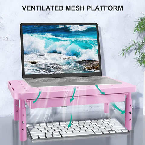 Pink Monitor Stand With Storage, Desk Riser And Laptop Elevation, 3 Height Adjustable Levels, Airflow Vents, Non Slip Feet