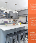 Ezra 14 Inch 3 Light Modern Pendant Light With White Metal Shade And Brushed Nickel Finish over kitchen island