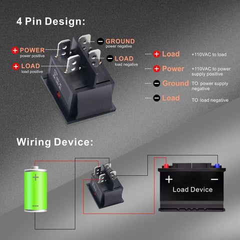 3 Pack Rocker Toggle Switches 2-Position On Off DPST 4 Pins With Red LED For Boat Marine Use AC 125V 20A Or 250V 16A Panel Mount Durable, Easy-Install Electrical Switches. 4-pin wiring diagram