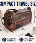 Genuine Full Grain Leather Toiletry Bag For Men, 10x4.5x5 inch compact travel dopp kit with zippers and handle.