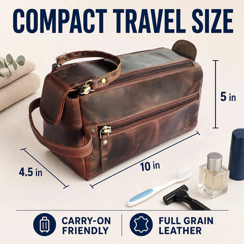 Genuine Full Grain Leather Toiletry Bag For Men, 10x4.5x5 inch compact travel dopp kit with zippers and handle.