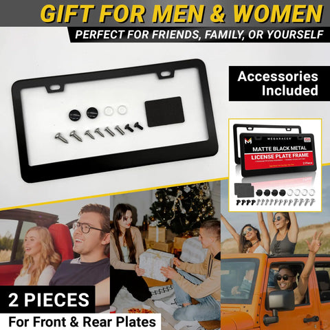 Matte Black License Plate Frames 2 Pack Dope Quality Rust Free Stainless Steel Rattle Free Universal Fit With Screw Caps Slim Top Design