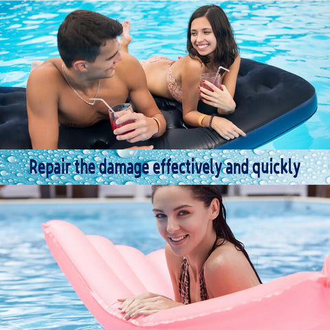 People relaxing on pool floats, illustrating use of Heavy-Duty Pool Patch Repair Kit For Inflatables With Peel-And-Stick TPU Vinyl Waterproof Patch Kit.