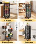 Large Black 5 Tier Rotating Fruit And Vegetable Storage Cart With Metal Top Lid On Wheels in different room settings