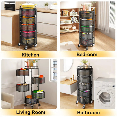 Large Black 5 Tier Rotating Fruit And Vegetable Storage Cart With Metal Top Lid On Wheels in different room settings