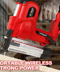 Heavy Duty 20V Cordless Brad Nailer And Stapler Kit Featuring Adjustable Depth Control in use, showing red body and quick fire trigger.