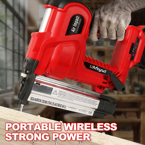 Heavy Duty 20V Cordless Brad Nailer And Stapler Kit Featuring Adjustable Depth Control in use, showing red body and quick fire trigger.