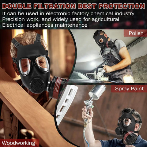 Three people wearing full face respirator mask with 40mm activated carbon filter in woodworking, polishing, and spray paint scenarios