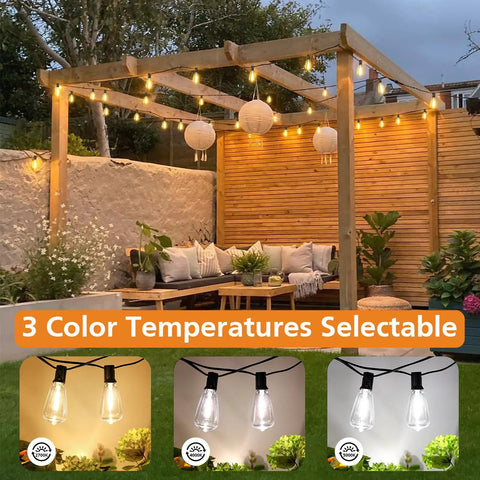 Remote Dimmable Outdoor String Lights, 50ft Run With 25+1 ST38 Edison Bulbs, 3 Color Modes 2700K 4000K 5000K, Waterproof Patio Gazebo