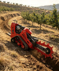 Mini Tracked Ditcher For Orchard Pipeline Trenching digging a trench in an orchard, showcasing its compact design and powerful cutting system.