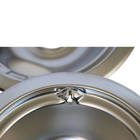 Replacement Chrome Drip Pan Set For GE And Hotpoint Electric Ranges With Locking Slots Includes 2 6 Inch And 2 8 Inch Pans 4 Pack WB31T10010 WB31T10011 close-up of chrome pan locking slot