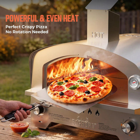 Portable Gas Pizza Oven With 15 Inch Stone baking pizza outside, stainless steel design, 23K BTU dual burners, arc chamber