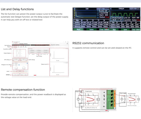Beefy Programmable DC Switching Power Supply 360W With Wide 0 To 80V And 0 To 30A Output Remote Compensation SCPI Control RS232 TFT Display Low Ripple High Precision Digital Control For Lab Bench showing list, delay, RS232 and remote compensation features