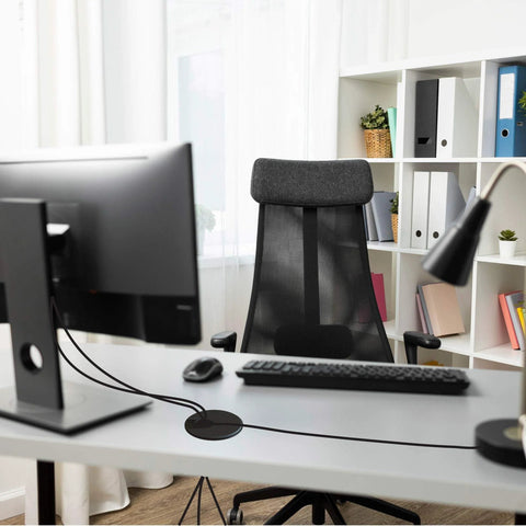 Black ABS Desk Grommet 2 Inch Cable Hole Cover Pack Of 5 installed on desk for wire management, creating organized and clean workstation setup.